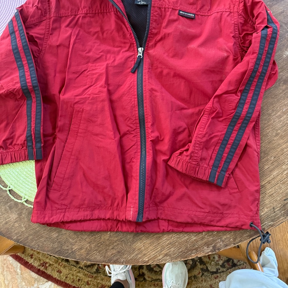 Abercrombie & Fitch Red/maroon hooded light weight jacket with Black Accents
